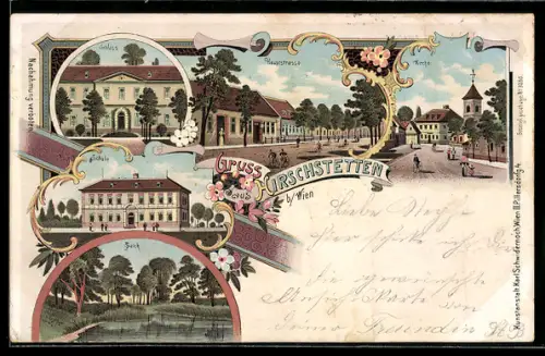 Lithographie Wien, Hirschstetten, Hauptstrasse, Schloss, Schule, Kirche