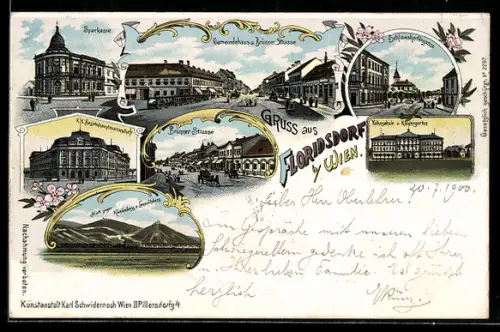 Lithographie Wien-Floridsdorf XXI, Sparkasse, Volksschule und Kindergarten, Gemeindehaus und Brünner Strasse