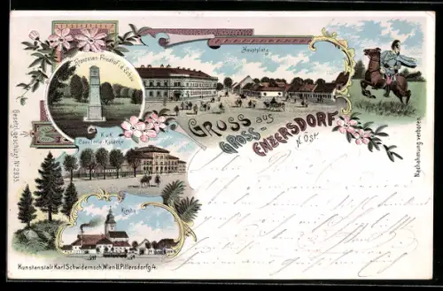 Lithographie Gross-Enzersdorf /N. Öst., Franzosen-Friedhof i. d. Lobau, K. k. Cavallerie-Kaserne, Hauptplatz