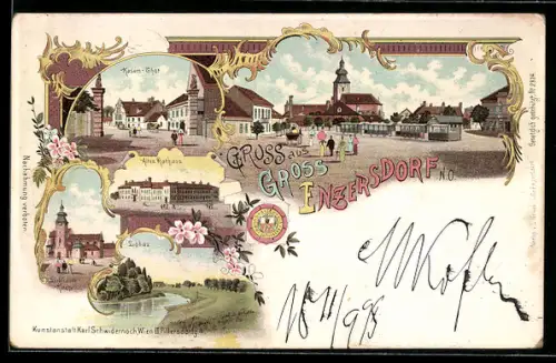 Lithographie Gross Enzersdorf /N. Ö., Altes Rathaus, Liebfrauenkirche, Kasern-Thor