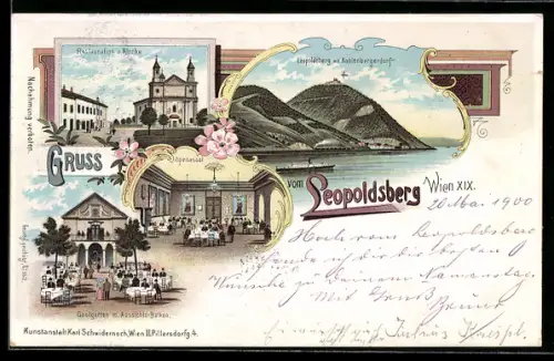 Lithographie Wien-Kahlenberg, Restaurant Leopoldsberg mit Gastgarten, Kirche, Panorama