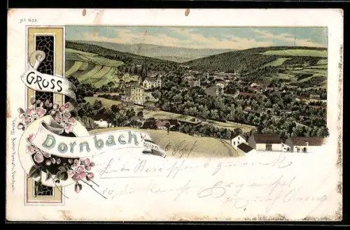 Lithographie Dornbach b. Wien, Ortsansicht aus der Vogelschau