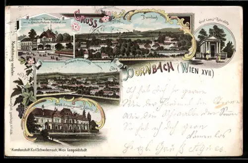 Lithographie Wien-Dornbach, fürstl. Schwarzenberg`sches Schloss, Graf Lascy`s Ruhestätte, Dornbach-Neuwaldegg