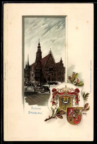 Passepartout-Lithographie Breslau, Wappen und Sicht auf Rathaus