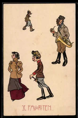 Künstler-AK Wien, Favoriten, Verschiedene Stadttypen, Spaziergängerin, Soldat in Uniform, Mann mit Pfeife