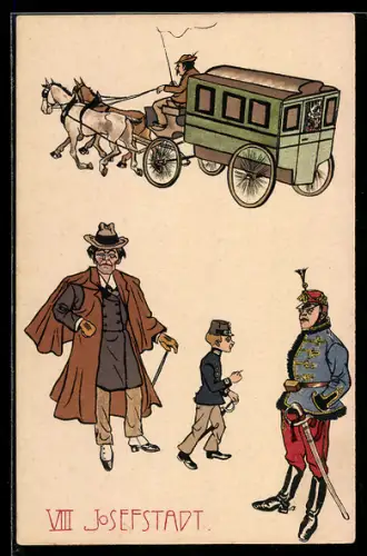 AK Wien, Josefstadt, Pferdekutsche, Soldat, Mann mit Gehstock