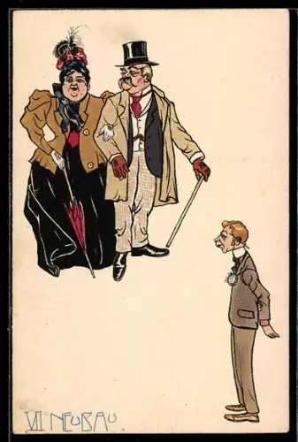 Künstler-AK Wien, Neubau, Stadttypen, Älteres Paar beim Spaziergang, Schneider mit Nadelkissen