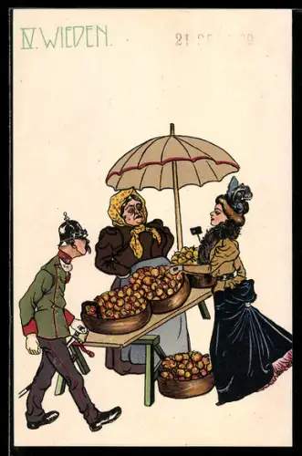 Künstler-AK Wien, Wieden, Marktfrau verkauft Obst, Stadttypen