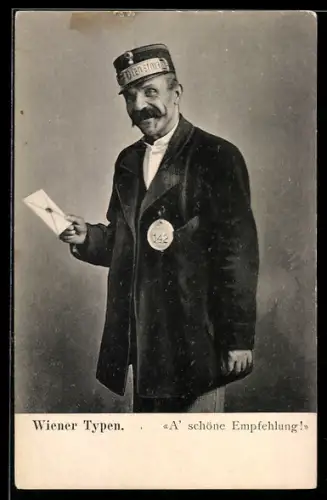 AK Wien, Dienstmann mit Schreiben in der Hand, A` schöne Empfehlung, Wiener Typen