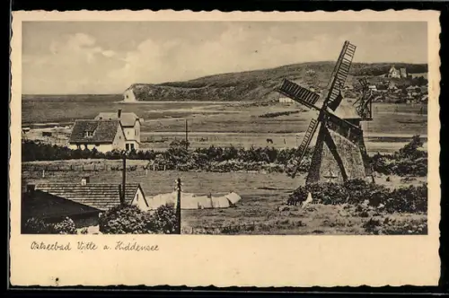 AK Vitte a. Hiddensee, Ortsansicht mit Windmühle
