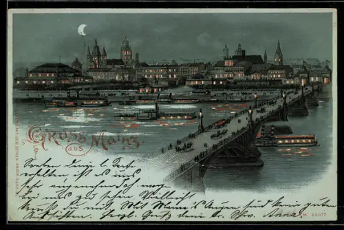 Lithographie Mainz, Rheinbrücke und Dom, Stadtpanorama mit leuchtenden Fenstern bei Halt gegen das Licht