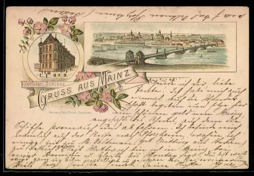 Vorläufer-Lithographie Mainz, 1895, Kurfürstl. Schloss, Flusspartie mit Brücke