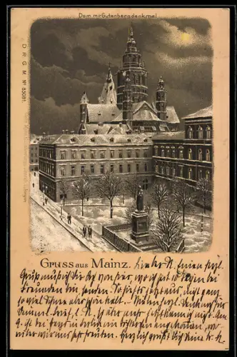 Winter-Lithographie Mainz, Dom mit Gutenbergdenkmal
