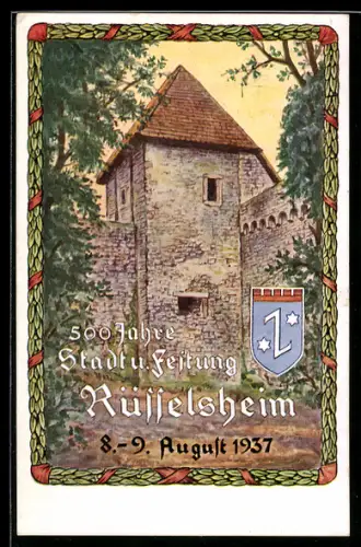 Künstler-AK Rüsselsheim, Festpostkarte zum 75 jährigen Geschäftsjubiläum der Adam Opel A. G. 1937