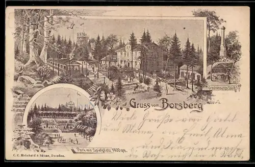 AK Dresden-Rockau, Borsberg, Gasthaus mit Aussichtsturm, Park mit Spielplatz, Gradmessungs-Säule