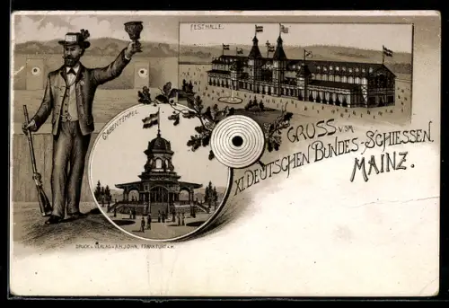 Lithographie Mainz, XI. Deutschen Bundes-Schiessen, Festhalle, Gabentempel, Schütze mit Gewehr