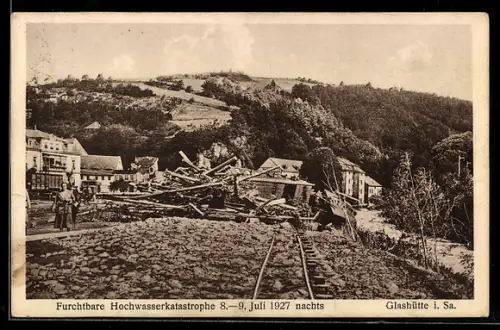 AK Glashütte i. Sa., Hochwasserkatastrophe 1927, Zerstörte Ortspartie