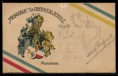 AK Mannheim, Absolvia Primania der Gr. Oberrealschule, Wappen, Zirkel und geschmückter Helm