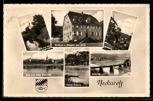 AK Neckarelz, Elzbrücke, Gasthaus zum Hirsch von W. Rappold und Schloss Neuburg
