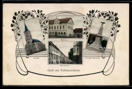 AK Kaltennordheim, Kirche, Rathaus, Kriegerdenkmal und Partie am Neumarkt