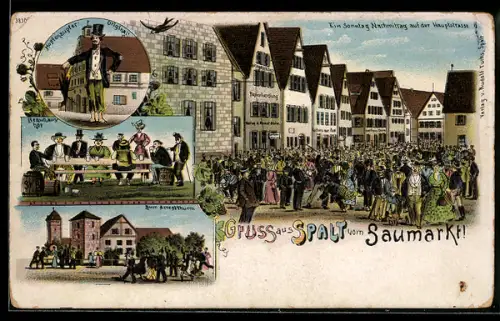 Lithographie Spalt, Brauhaushof, Hopfenzupfer, Sonntag Nachmittag auf der Hauptstrasse