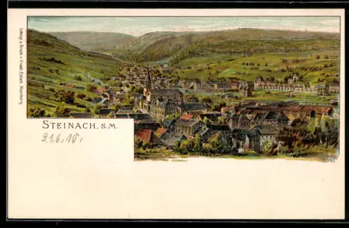 Lithographie Steinach /S. M., Gesamtansicht mit umliegendem Tal