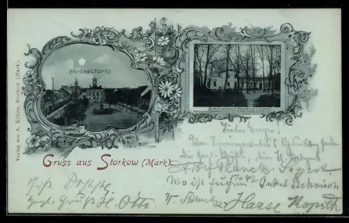 Mondschein-AK Storkow /Mark, Gasthof zum Schützenhaus, Denkmal
