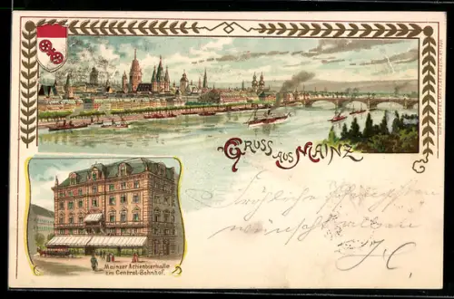 Lithographie Mainz, Gasthaus Mainzer Actienbierhalle am Central-Bahnhof, Ortspanorama mit Fluss