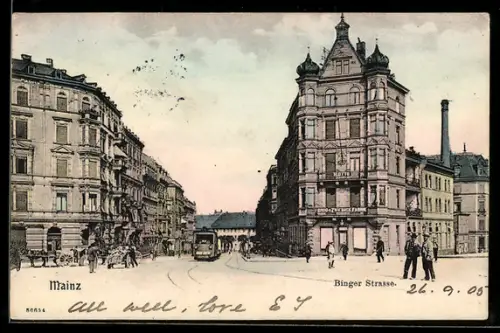 AK Mainz, Blick in die Binger Strasse, Strassenbahn