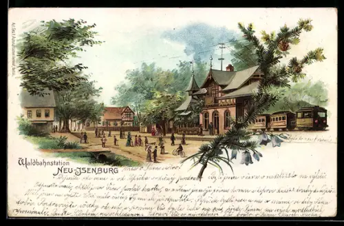 Lithographie Neu-Isenburg, Bahnhof Waldbahnstation, Eisenbahn, Radfahrer