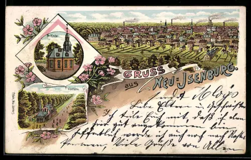 Lithographie Neu-Isenburg, Totalansicht mit Fabriken, Pr. Kirche und Waldbahnstation