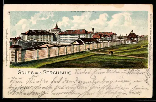 Lithographie Straubing, Gefängnis in der Aussenansicht mit Mauern