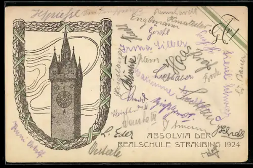 AK Straubing, Absolvia der Realschule aus dem Abschlussjahr 1924, Zirkel, Rathausturm mit Uhr