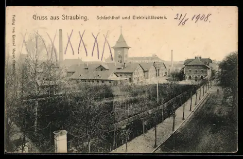AK Straubing, Schlachthof und Elektrizitätswerk aus der Vogelschau