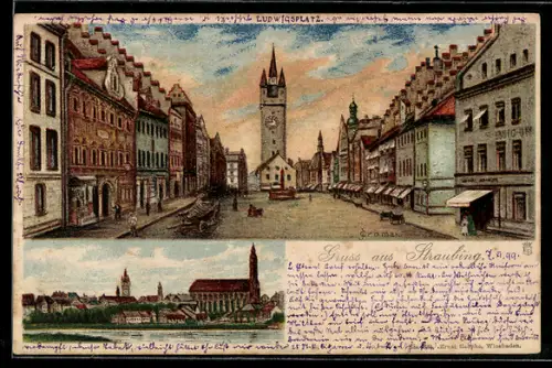 Künstler-AK Straubing, Ludwigplatz und Altstadtansicht