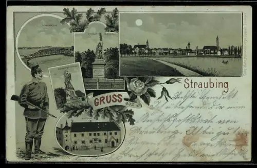 Mondschein-Lithographie Straubing, Kriegerdenkmal, Bürgerdenkmal, Kaserne, Donaubrücke und Panoramablick