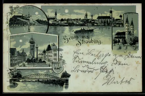 Mondschein-Lithographie Straubing, Bogenberg, Theresienplatz, Donaubrücke