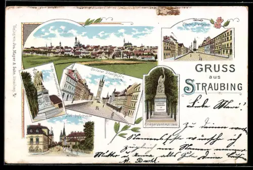 Lithographie Straubing, Totalansicht, Oberer und Unterer Stadtplatz, Kriegerdenkmal von 1810 und 1813