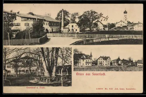 AK Sauerlach, Teilansicht mit Kirchturm, Gasthof zur Post