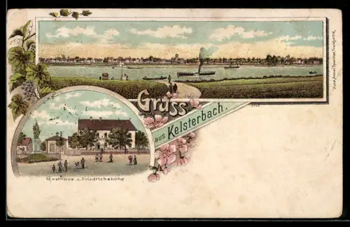 Lithographie Kelsterbach, Totalansicht mit Flussdampfer und Gasthaus zur Friedrichshöhe