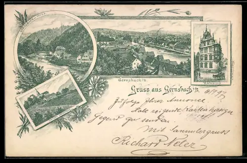 Lithographie Gernsbach i. B., Totalansicht, Rathaus und Schloss Eberstein