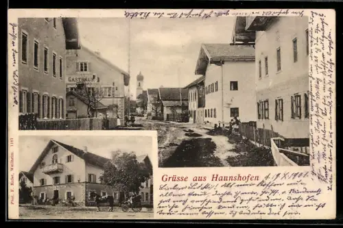 AK Haunshofen, Strassenpartie mit Gasthaus und Kirche