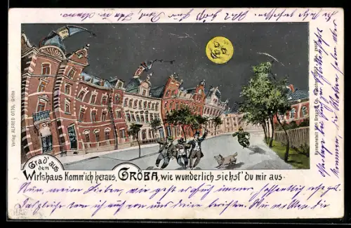 Wirtshaus-AK Gröba, Ortspartie aus Sicht eines Betrunkenen mit grinsendem Mond, Goldfenster