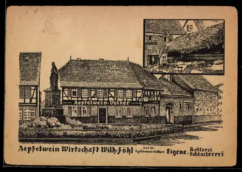 Künstler-AK Neu-Isenburg, Gasthof von Wilh. Föhl mit Denkmal