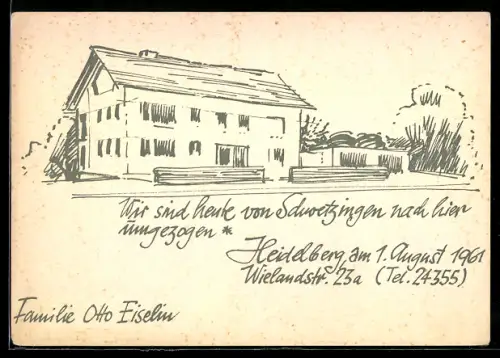 Künstler-AK Heidelberg, Haus in der Wielandstrasse 23a im August 1961