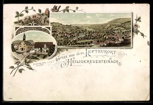 Lithographie Heiligkreuzsteinach, Totalansicht und Gasthaus zum Löwen neben der Kirche