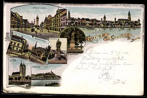 Lithographie Straubing, Stadtplatz, Bürgerdenkmal, Kirche St. Peter, Bogenberg, Bahnhofstrasse