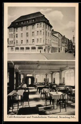 AK Straubing /Nb., Cafe-Restaurant National, Innen- und Aussenansicht