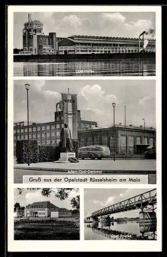 AK Rüsselsheim, Opel-Hafen, Adam-Opel-Denkmal, Opel-Brücke