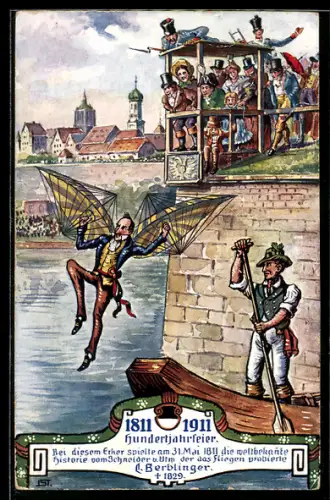 Künstler-AK Ulm /Donau, Hundertjahrfeier Flugversuch des Schneiders 1911